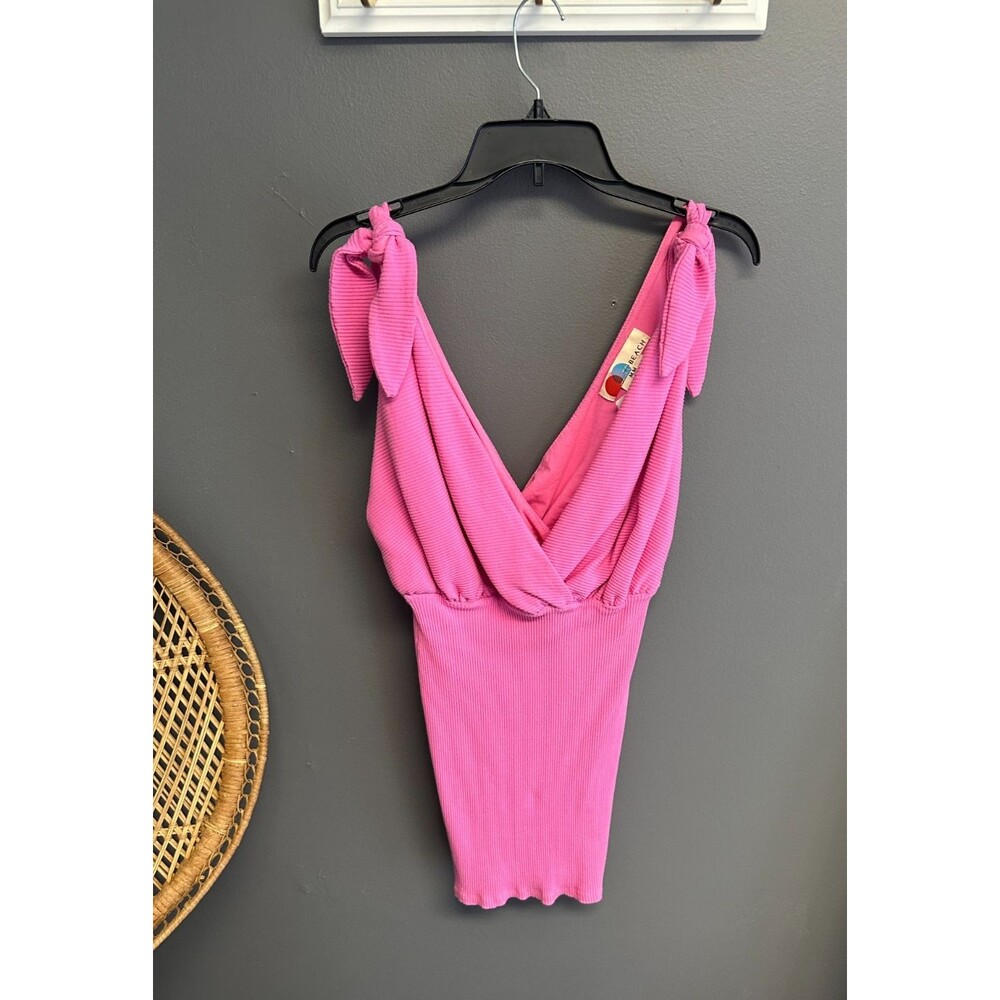 Free‎ People FP Beach Womens Medium Dress Pink Ribbed Mini Tie Shoulder NWT